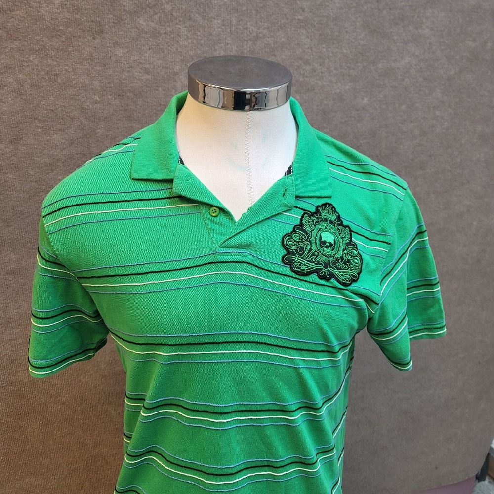 MARK ECKO POLO SHIRT Men's L Green Striped Sleeve Embroidered